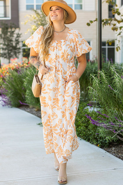 Apricot Floral Print Puff Short Sleeve Resort Plus Size Maxi Dress