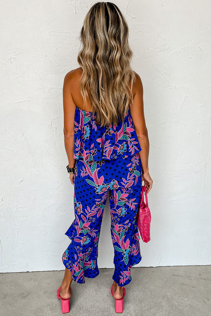 Blauwmix strapless jumpsuit met ruches en tropische print