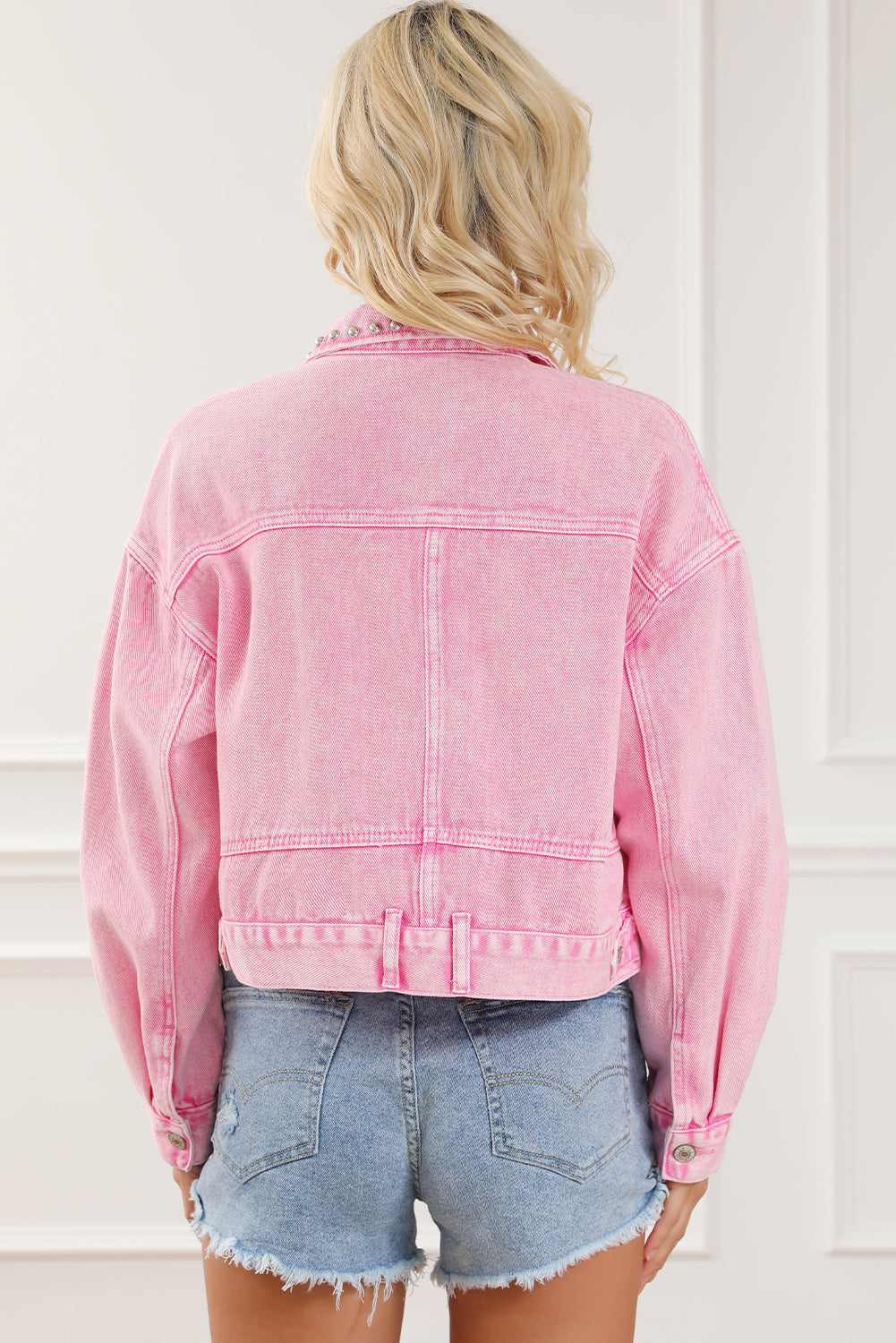 Roze denim jack met klinknagels en studs