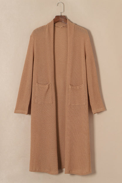 Chestnut Long Waffle Knit Cardigan with Pockets