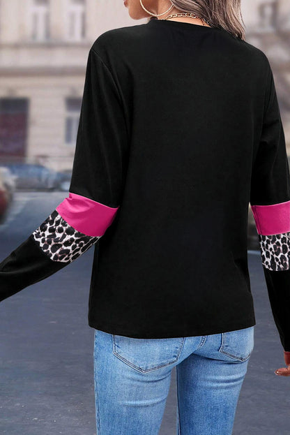 Rose Leopard Colorblock Patchwork Crew Neck Long Sleeve Tee