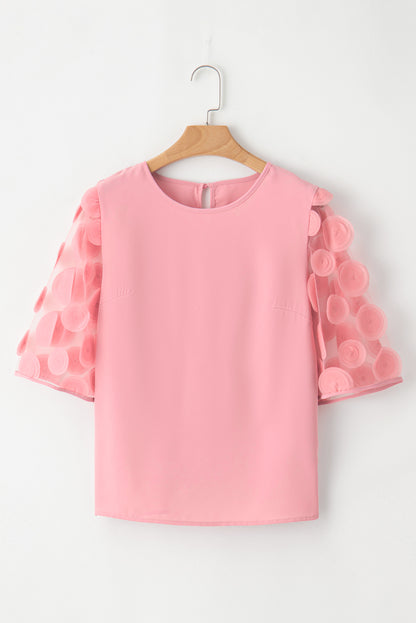 Stoffige roze contrasterende appliqué mesh blouse met halve mouwen