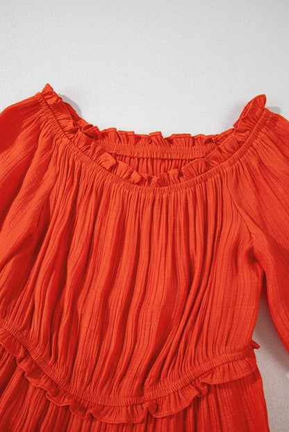 Oranje off-shoulder ballonmouwen uitgesneden maxi-jurk met ruches