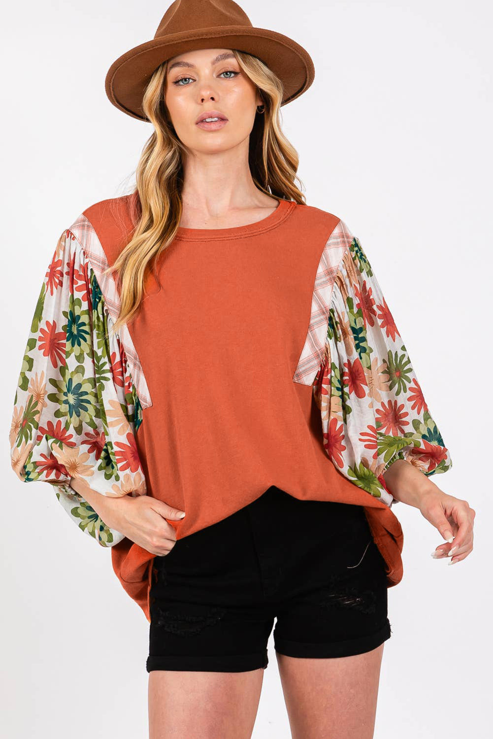 Desert Gold Floral Puff Sleeve Patchwork Round Neck Blouse