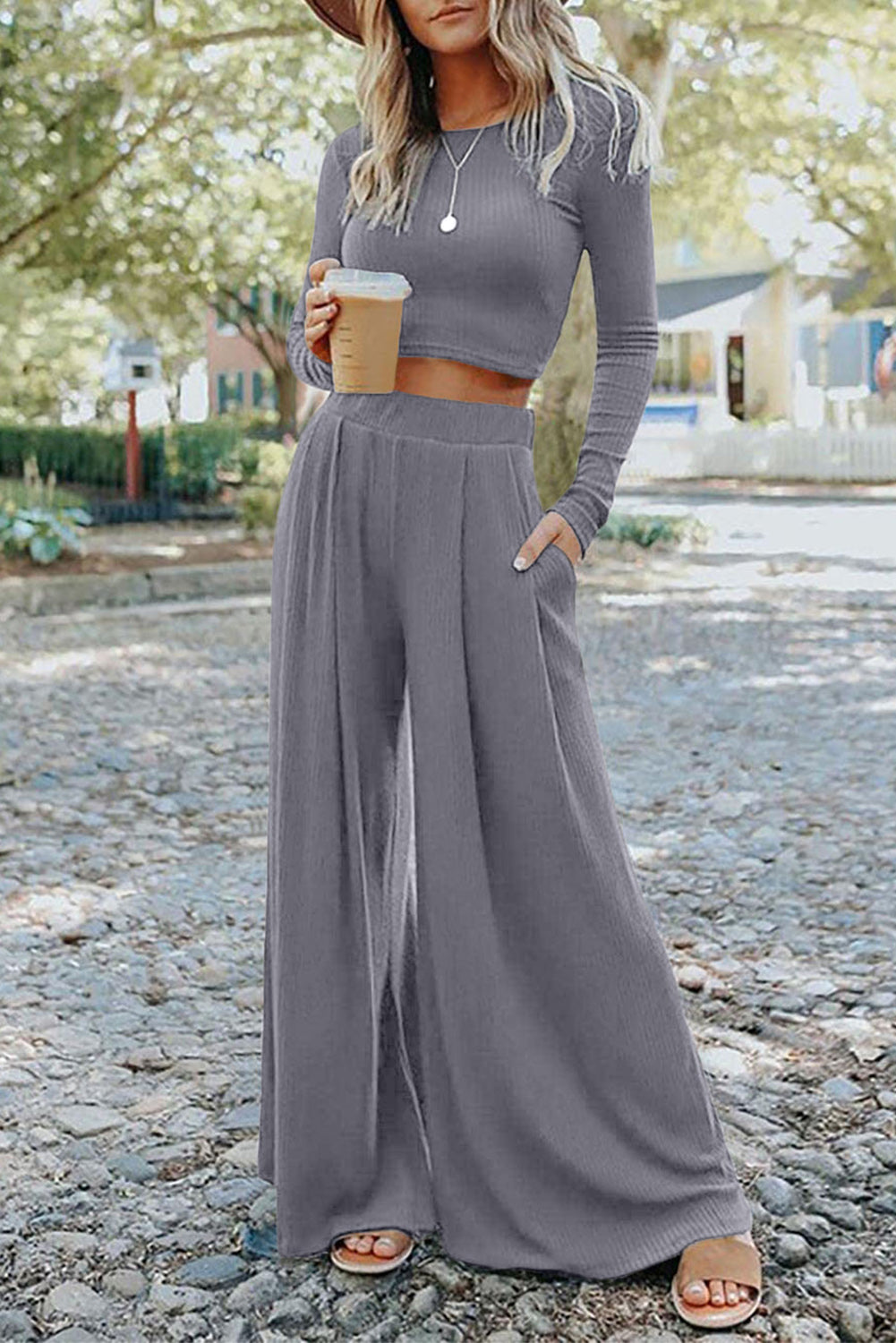 Grijze effen kleur geribbelde crop top lange broek set