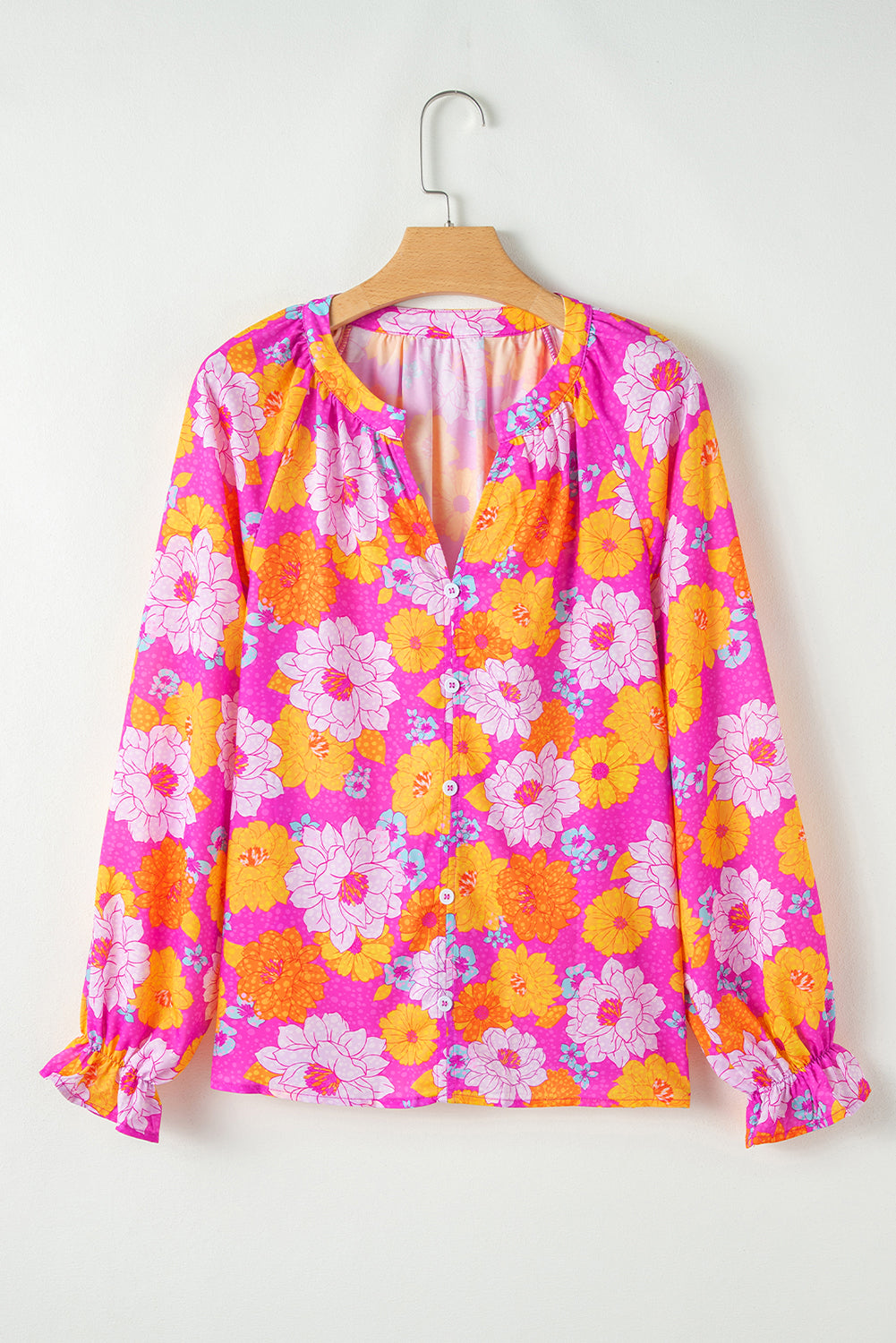 Blouse met rozenprint, geplooide mouwen en een inkeping in de hals