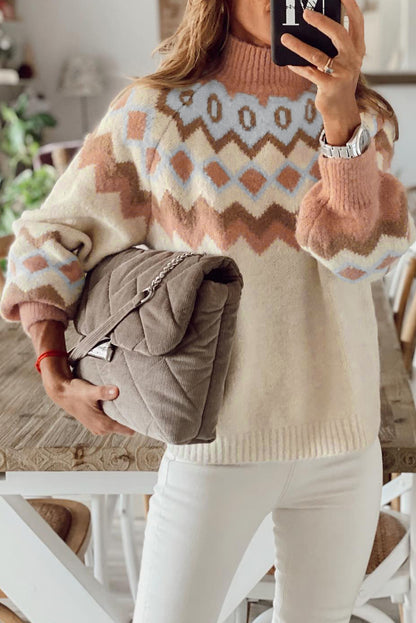 Khaki Geometric Pattern Ribbed Trim High Neck Sweater