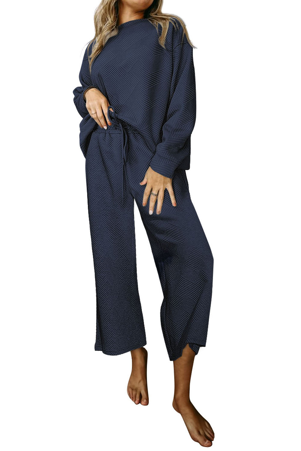 Marineblauwe ultra losse getextureerde 2-delige slouchy outfit