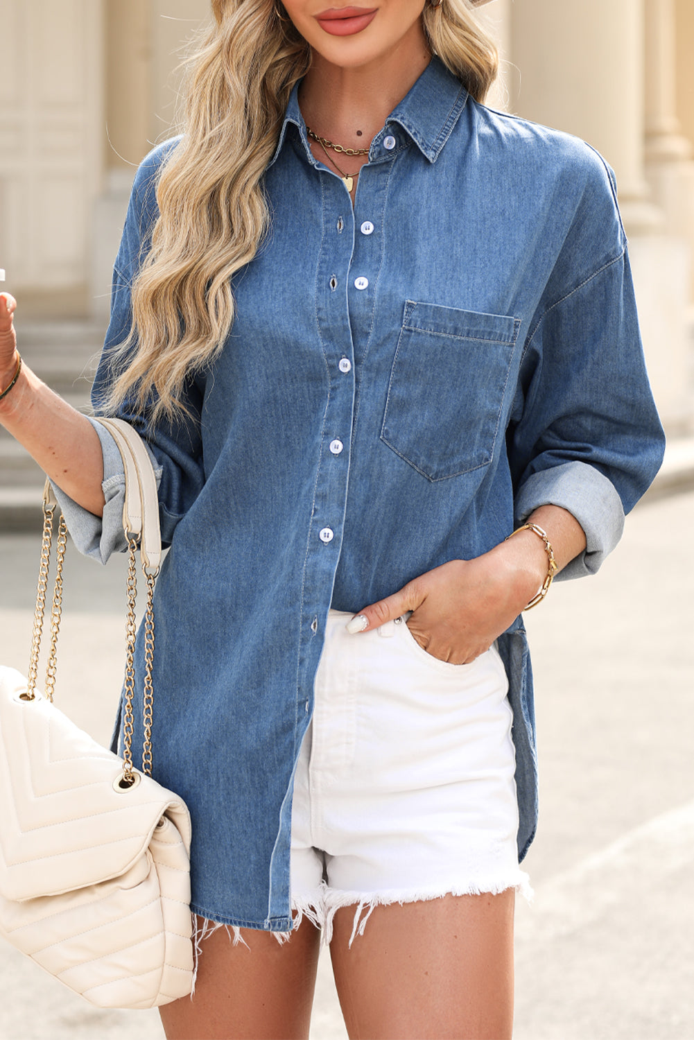 Beau Blue Solid Color Oversized Patched Pocket Button Buttoned Shirt