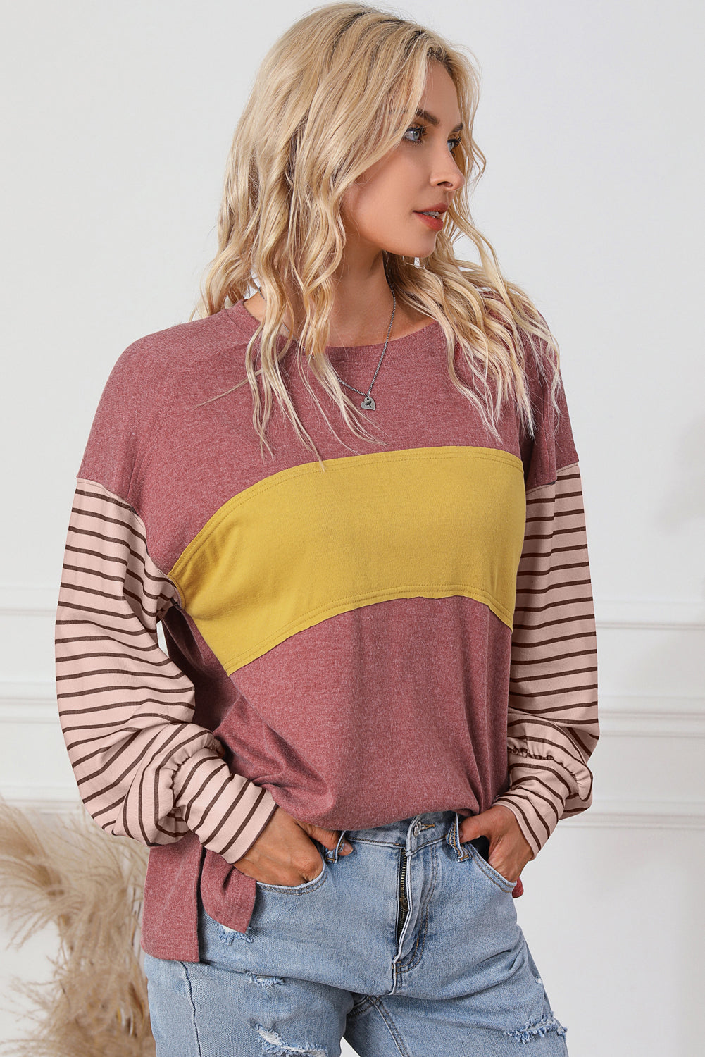 Fiery Red Colorblock Striped Bishop Sleeve Top