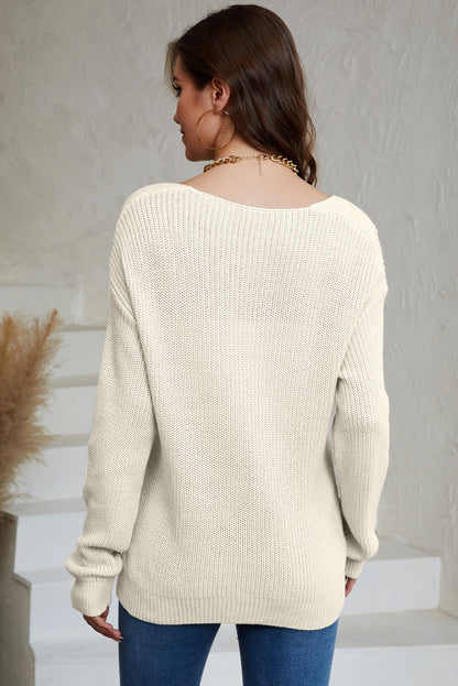 Beige Ribbed Knit V Neck Sweater