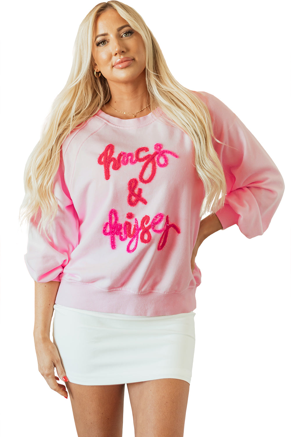 Roze knuffels en kusjes pop -up geborduurd raglan mouw sweatshirt