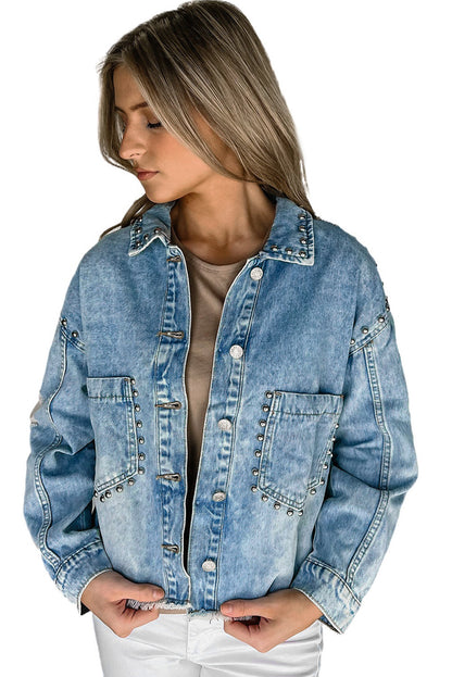 Hemelsblauwe denim jack met studs en acid wash