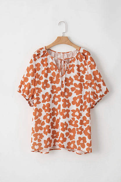 Oranje grote maat bloemenprint met trekkoord en V-hals, blouse met korte mouwen