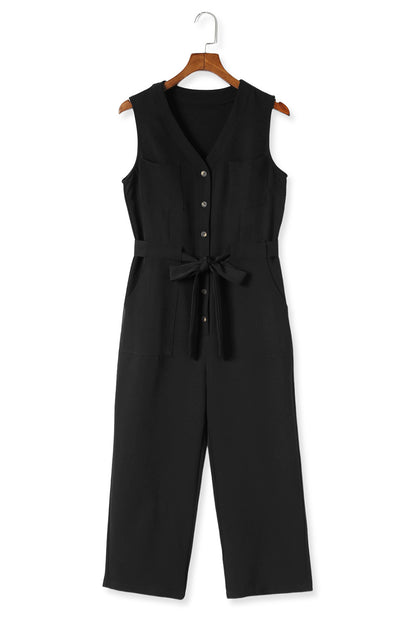 Zwarte mouwloze cropped jumpsuit met knopen en sjerp