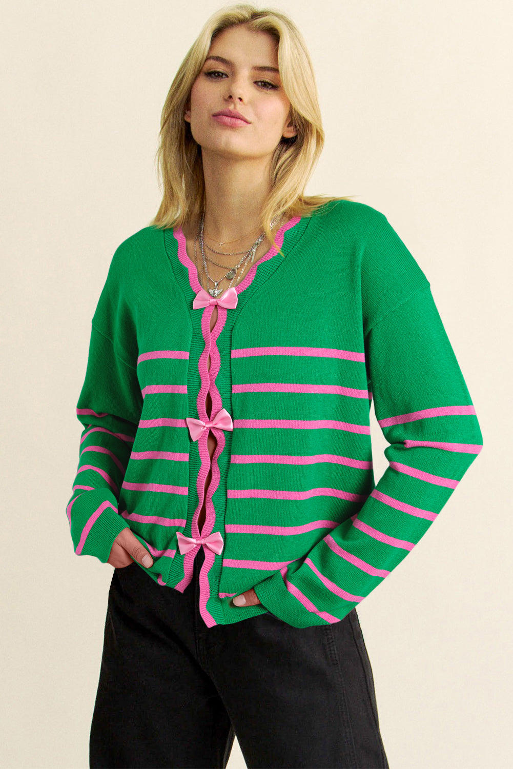 Green Stripe Ribbon Cute Bow Detail Sweater Knit Cardigan