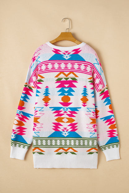 Witte oversized Aztec print high low V-hals trui