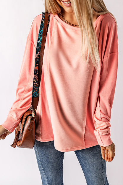 Roze effen kleur patchwork top met lange mouwen