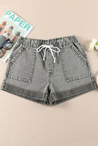 Grijze denim shorts met trekkoord en hoge taille