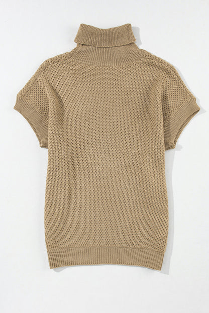 Pale Khaki Turtleneck Textured Short Sleeve Sweater