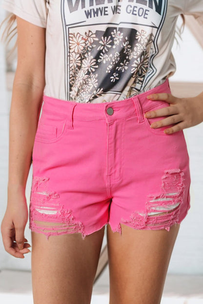 Rose Distressed slim-fit denim short met hoge taille