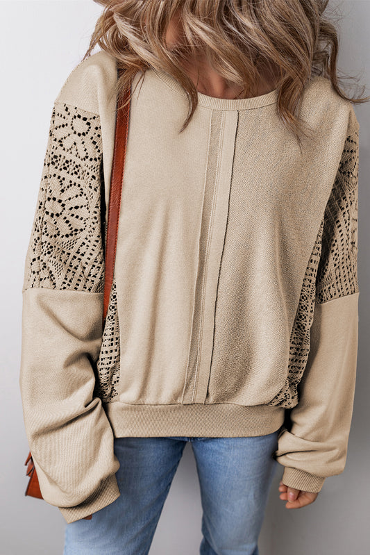 Parchment Knit Crochet Exposed Seam Ribbed Trim Sweatshirt