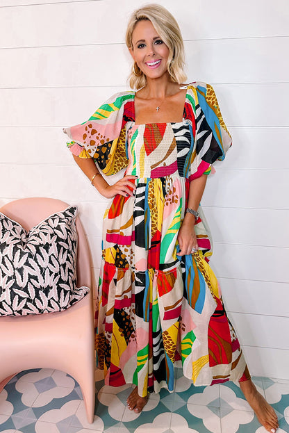 Witte vierkante nek gesmokte abstracte print boho maxi jurk