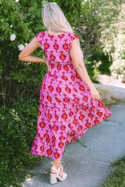 Bonbon maxi-jurk met retro print, gedraaide voorkant en ruches aan de mouwen