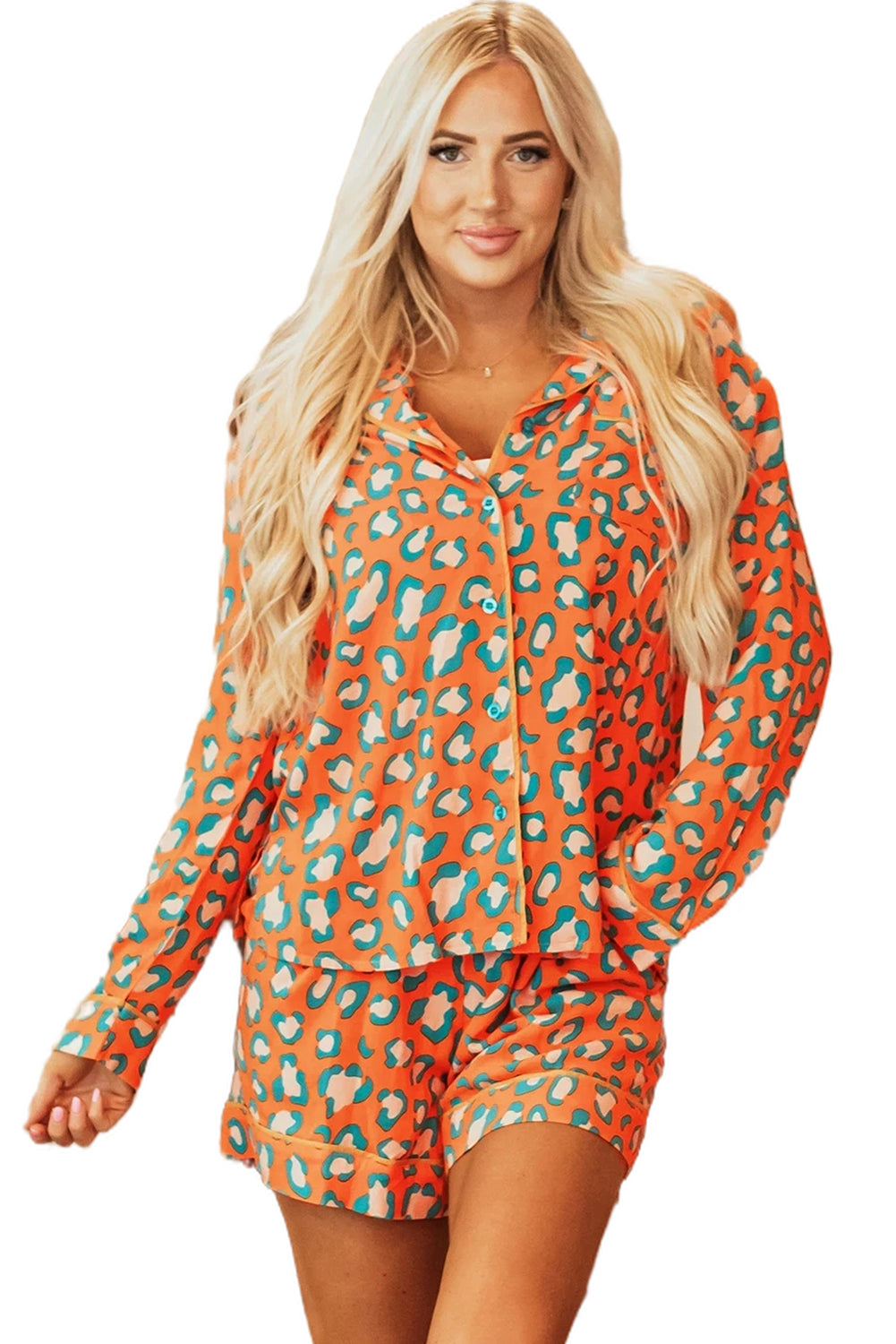 Oranje luipaardprint pyjamaset met lange mouwen en korte broek