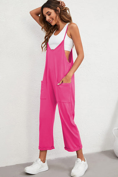 Rose Red Black Pocketed Adjustable Spaghetti Strap Straight Leg Jumpsuit