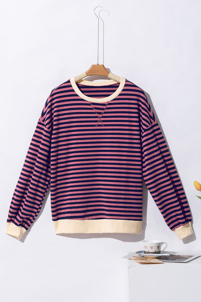 Red Stripe Oversized Contrast Trim Pullover Sweatshirt