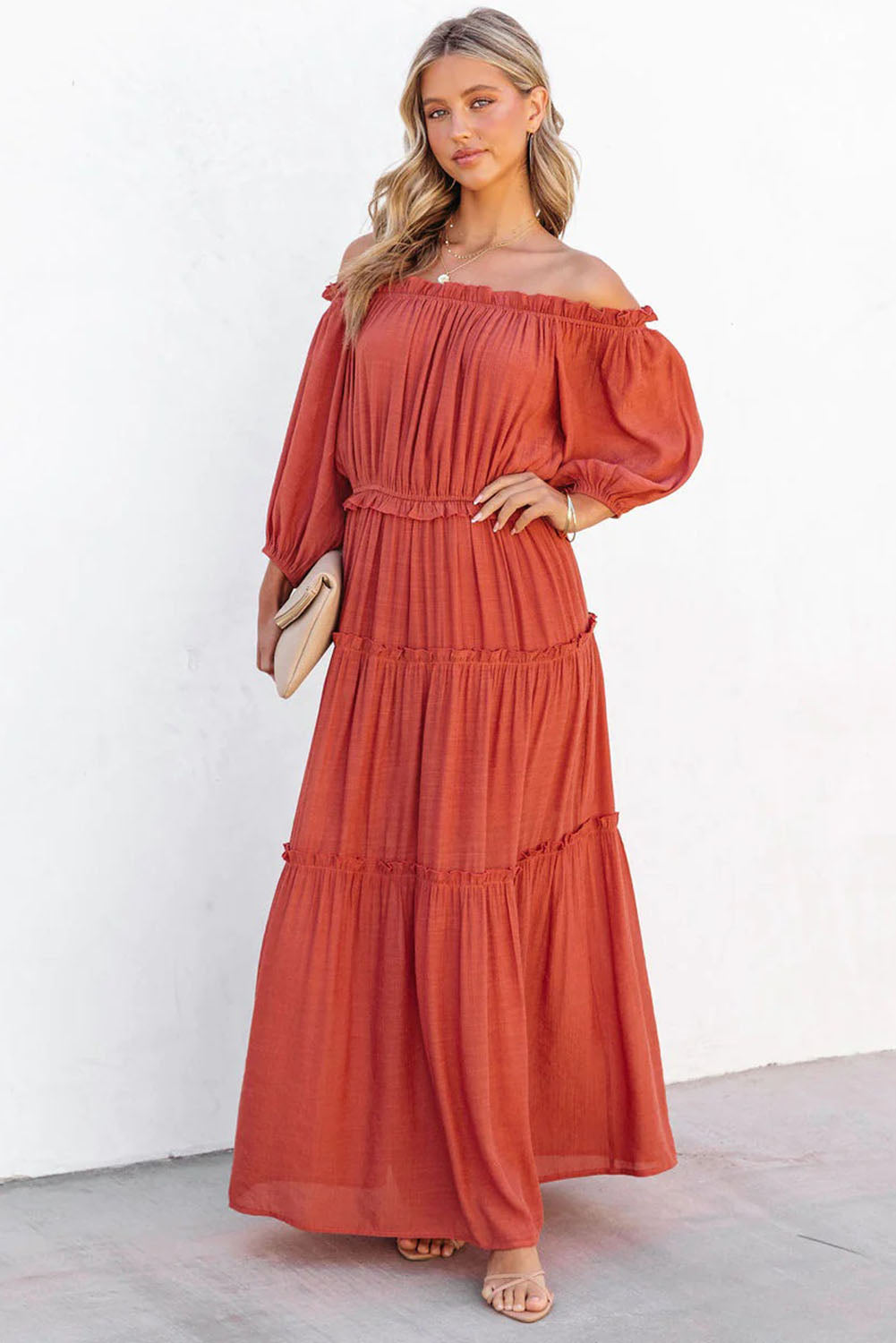 Oranje off-shoulder ballonmouwen uitgesneden maxi-jurk met ruches