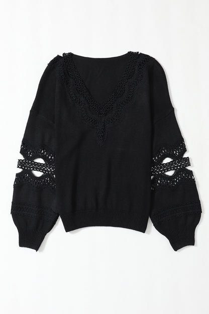 Black Hollowed Lace Splicing V Neck Loose Sweater