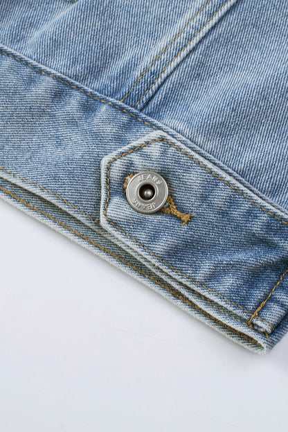 Hemelsblauw, met pailletten verfraaid denim jack met franjes