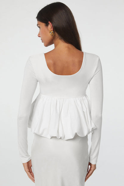 White U Neck Long Sleeve Bubble Hem Top