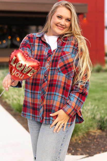 Rood plus size plaid print buttoned shirt