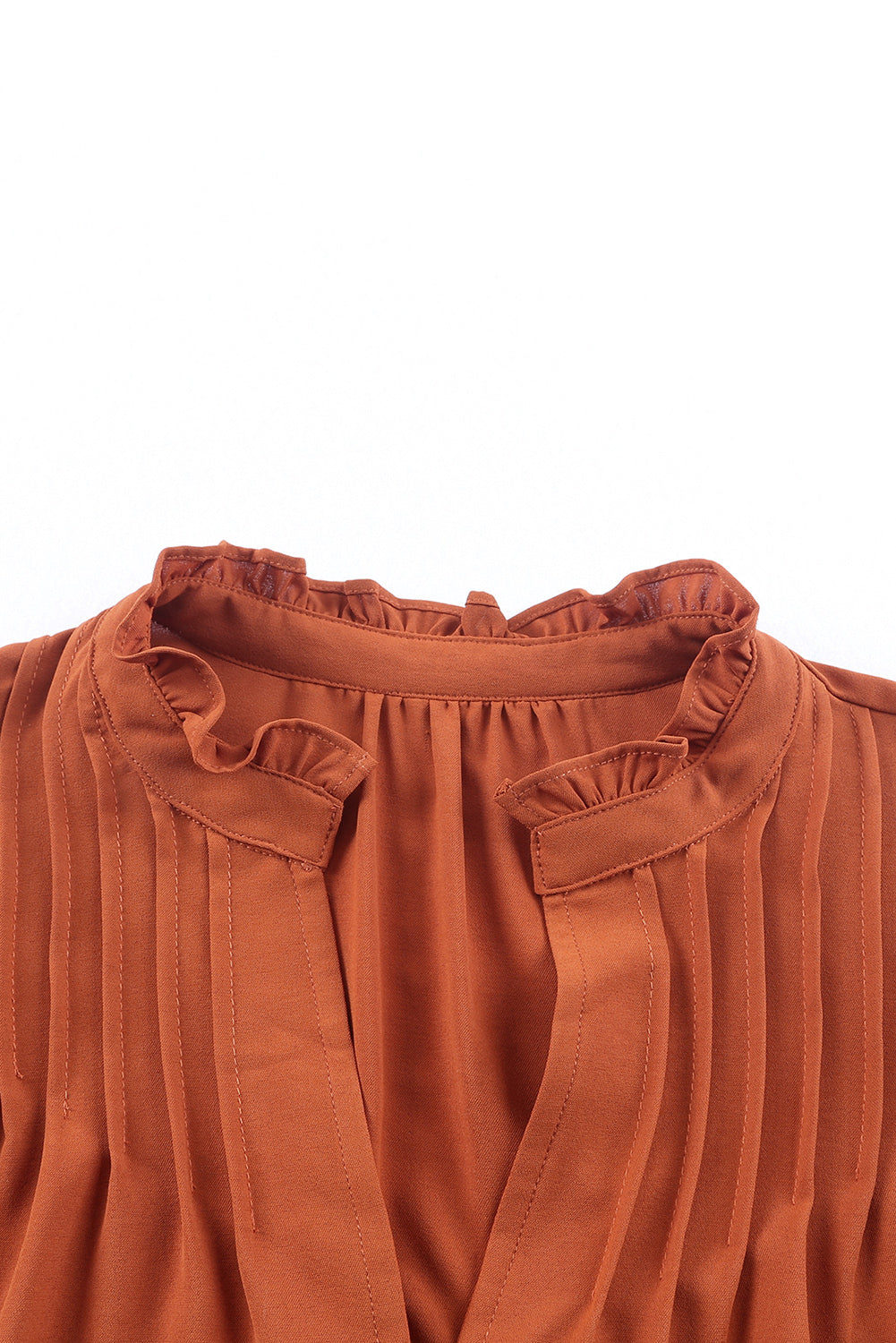 Orange Ruffled Pleated Buttoned V Neck Blouse