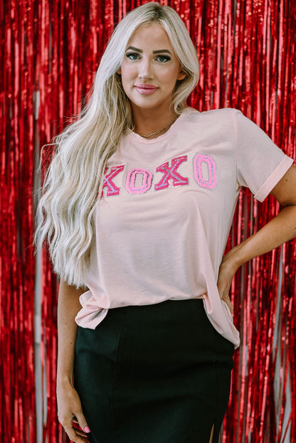 Roze Valentijnsdag glanzend XOXO grafisch T-shirt