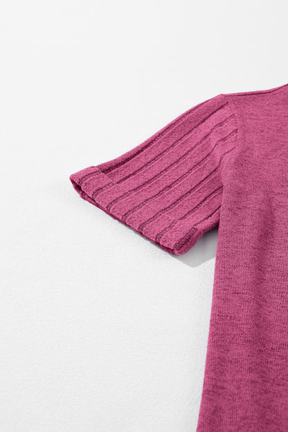 Bright Pink Ribbed Splicing Sleeve Round Neck T-shirt