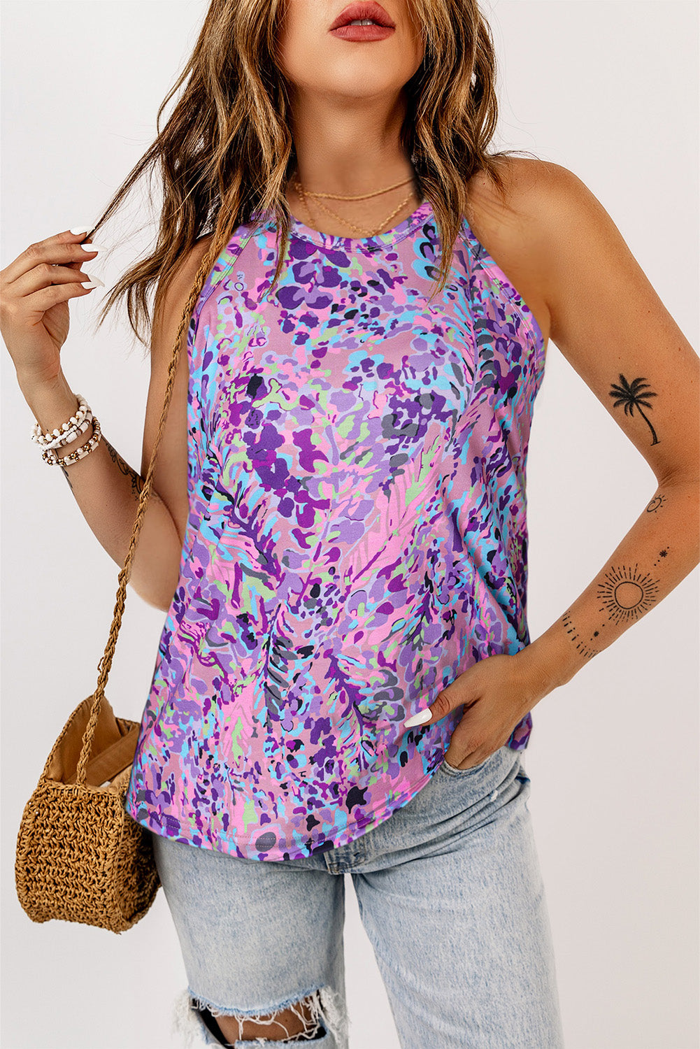 Veelkleurige racerback tanktop met tropische bloemenprint