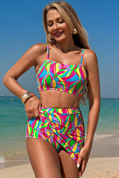 Multicolour abstracte print getextureerde spaghetti strap high taille bikini set