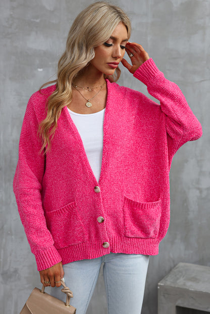 Rose Buttons Front Pocketed Sweater Cardigan