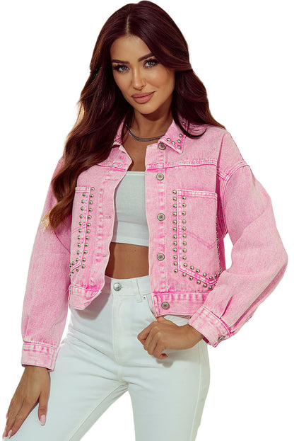 Roze denim jack met klinknagels en studs