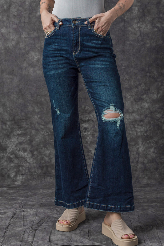 Echte blauwgroene jeans met hoge taille en gescheurde bell bottom