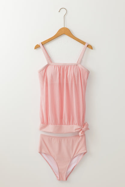 Roze gestreept tankini-badpak met geknoopte zoom van mesh