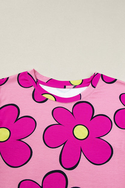 Pink Flower Print Round Neck Cap Sleeve T Shirt