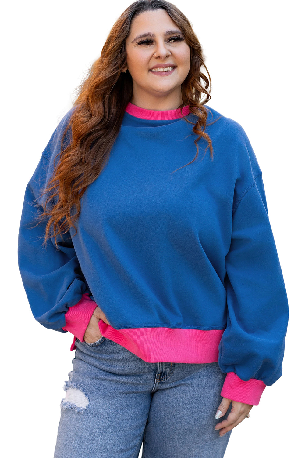 Hemelsblauwe kleurblokrand ballonmouw plus size sweatshirt