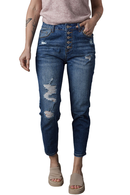 Blauwe noodlijdende skinny jeans met hoge taille en knoopsluiting