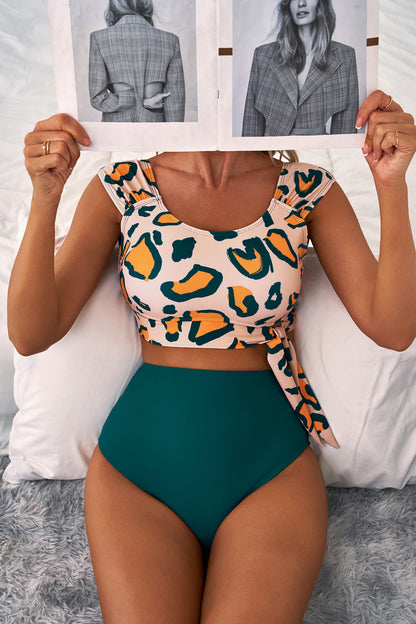 Groene luipaardprint u nek geknoopte hoge taille bikini set