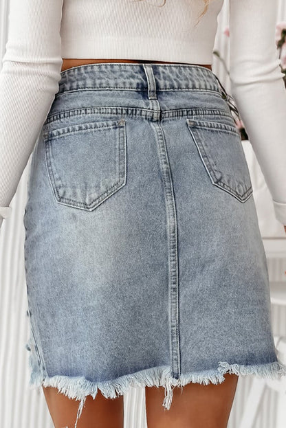 Beau Blue Shimmer Heart Pattern Distressed Denim Mini Rok